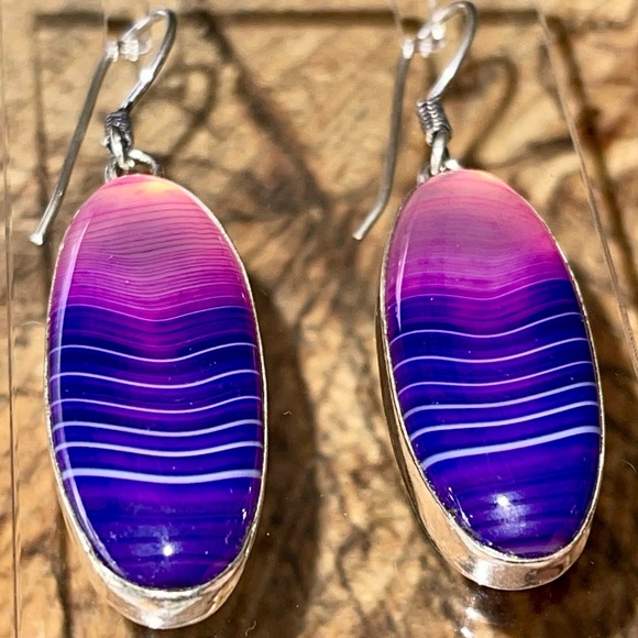 Purple-Pink Botswana Agate Earrings 2” - Picture 4 of 11